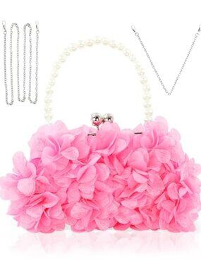Floral Applique Satin Clutch Evening Bag Wristlet Crossbody Purse